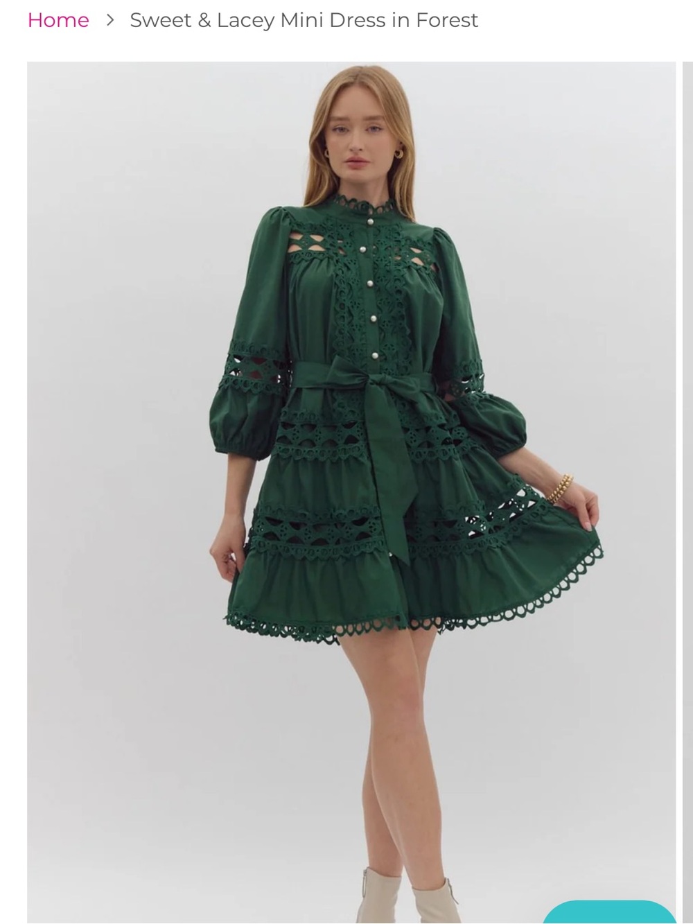 ENTRO Green Long Sleeve Lace-Trim pearl Button Front Dress - Picture 1 of 10